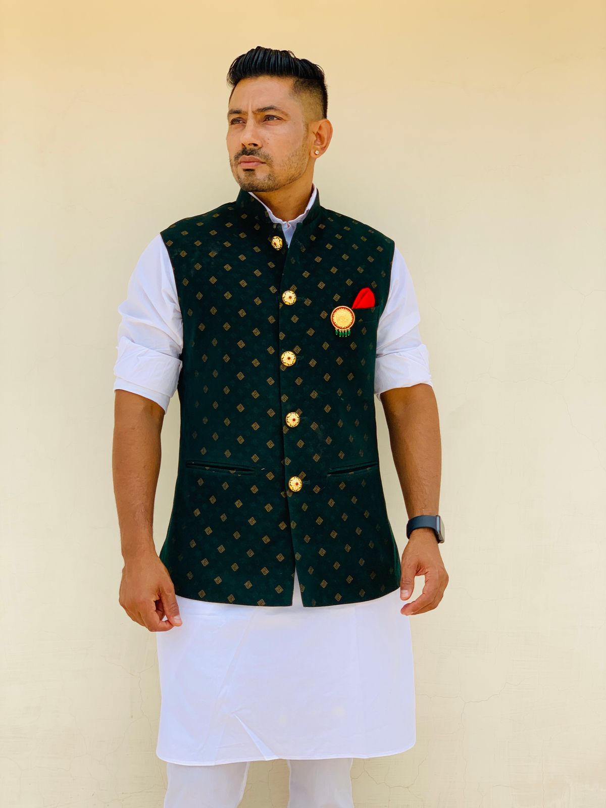 Editorial studio portrait in a designer Nehru jacket