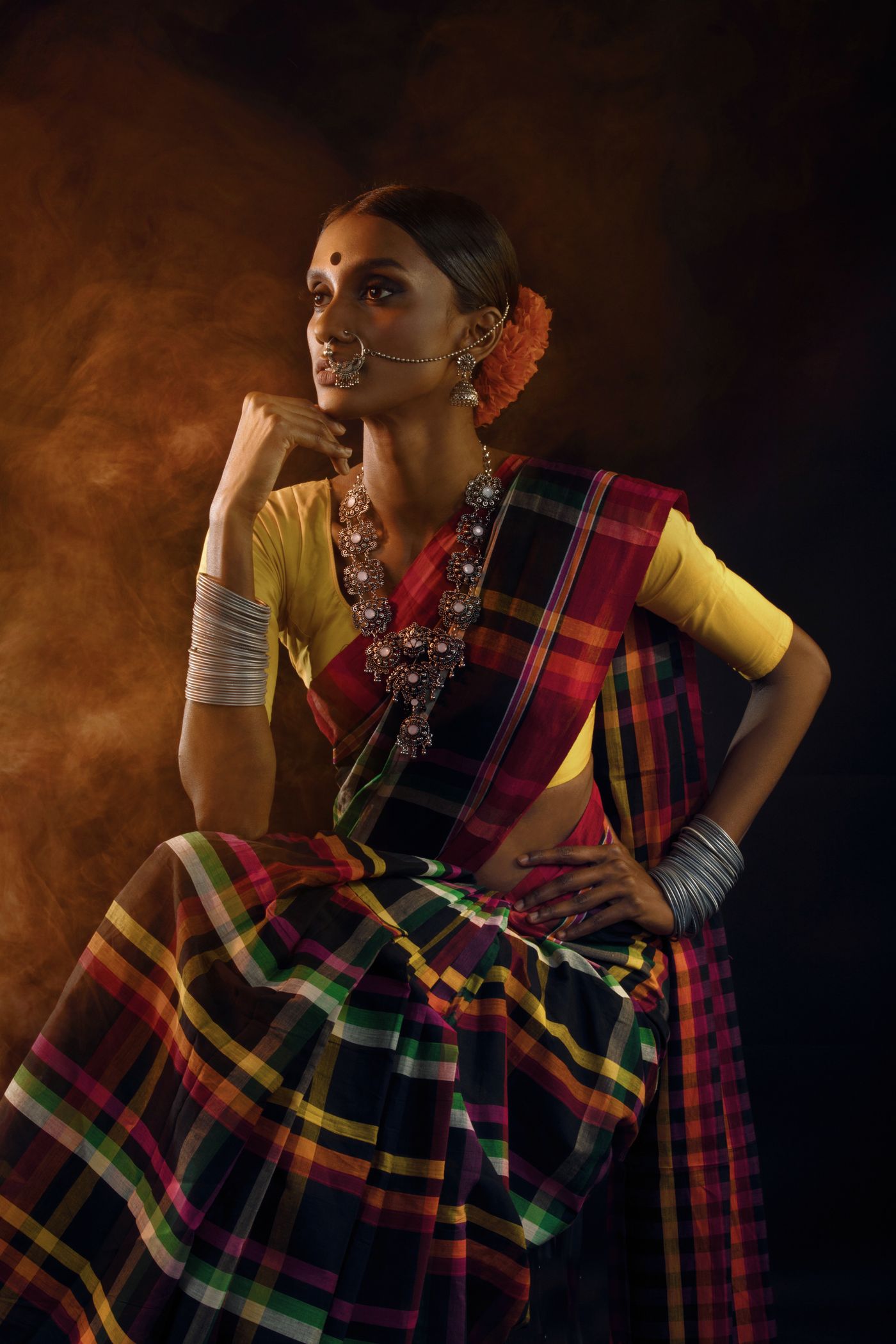 Bridal silk saree with temple jewelry